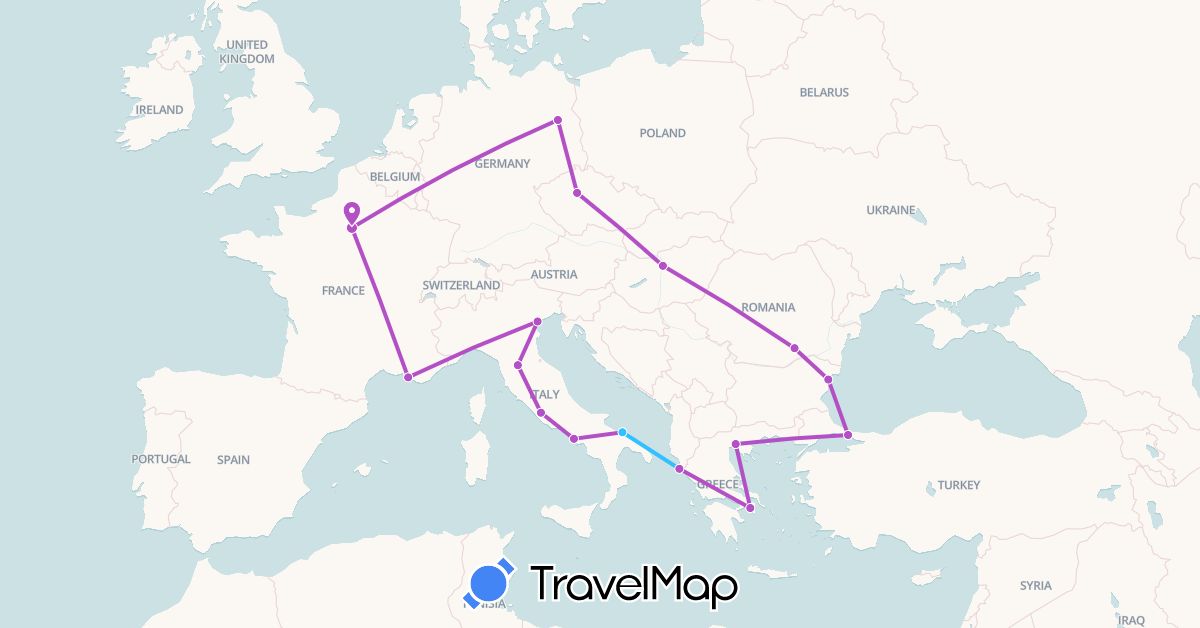 TravelMap itinerary: driving, train, boat in Bulgaria, Czech Republic, Germany, France, Greece, Hungary, Italy, Romania, Turkey (Asia, Europe)